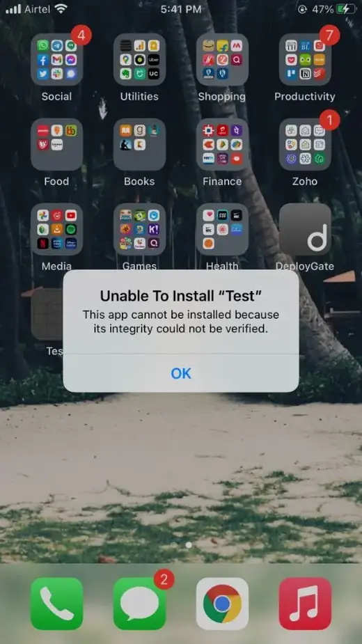 Mesej app tidak dapat dipasang kerana integriti tidak dapat disahkan di iPhone