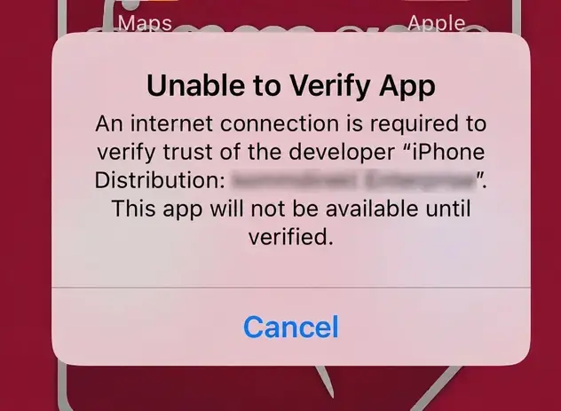 Mesej Unable to Verify App di iPhone