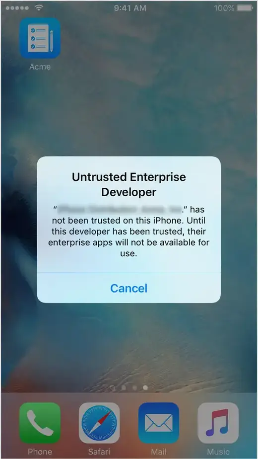 Mesej Untrusted Enterprise Developer di iPhone