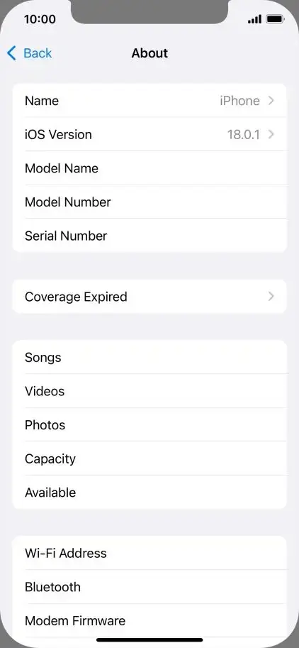 Skrin About di iPhone menunjukkan versi iOS