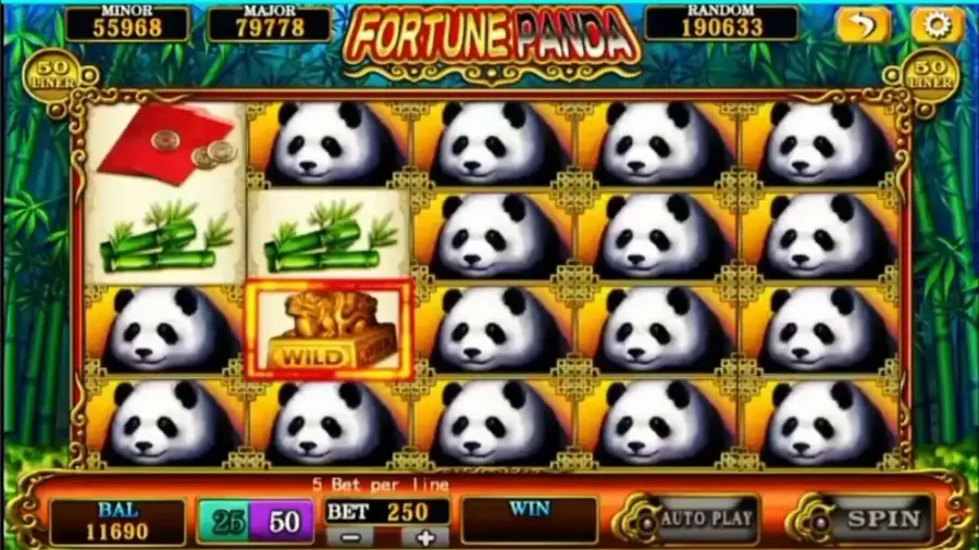 Skrin slot Fortune Panda di Mega888 dengan baki kredit, pertaruhan dan butang spin di bawah