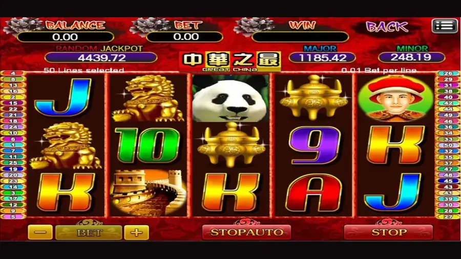 Slot Great China di Mega888 dengan simbol patung emas dan kad