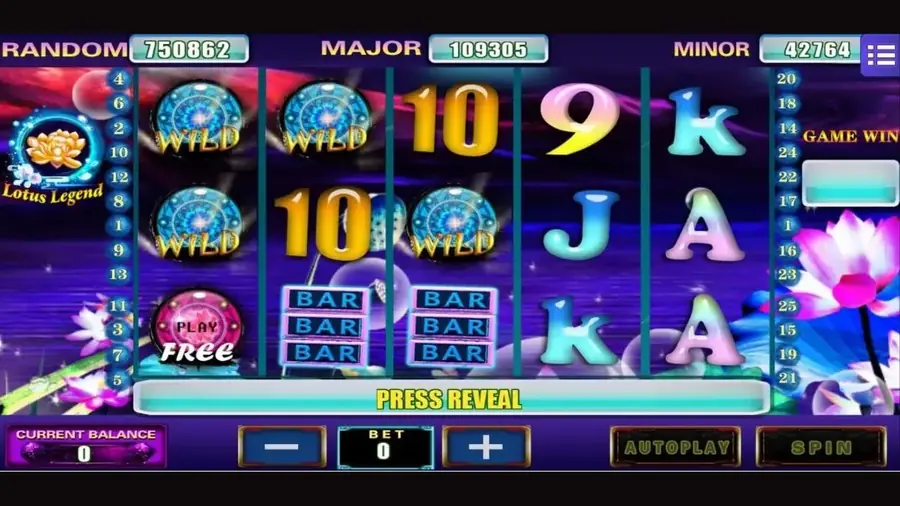 Skrin slot Lotus Legend di Mega888 dengan simbol teratai dan bar