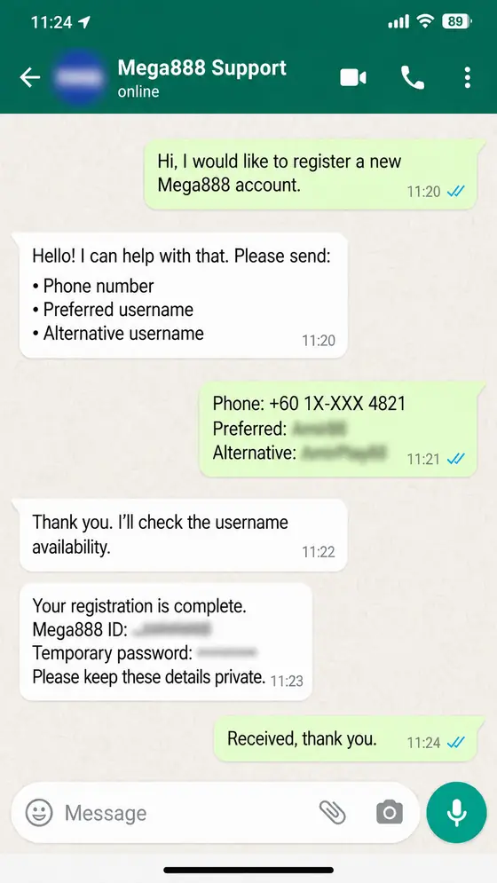 Contoh chat WhatsApp dengan Kaunter Mega888: butiran dihantar dan Kaunter membalas dalam chat yang sama (dikaburkan)